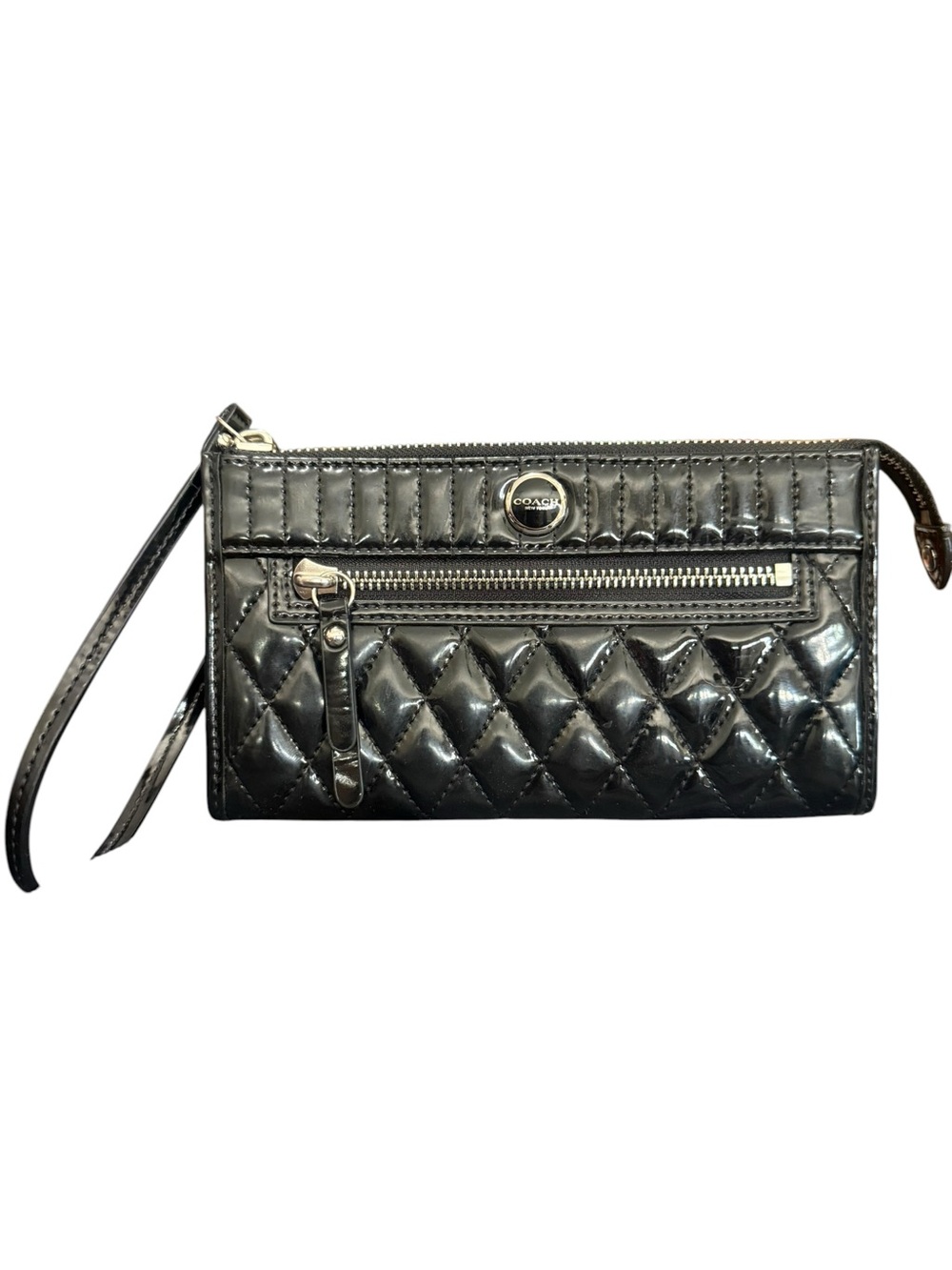 Coach Black Quilted Patent Leather Wristlet with Front Zip